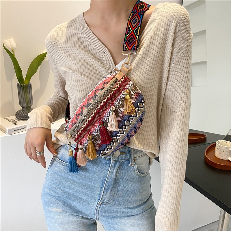 Dame boheme fanny pack kvinder piger crossbody pung broderi boho talje pung bum taske med kvast