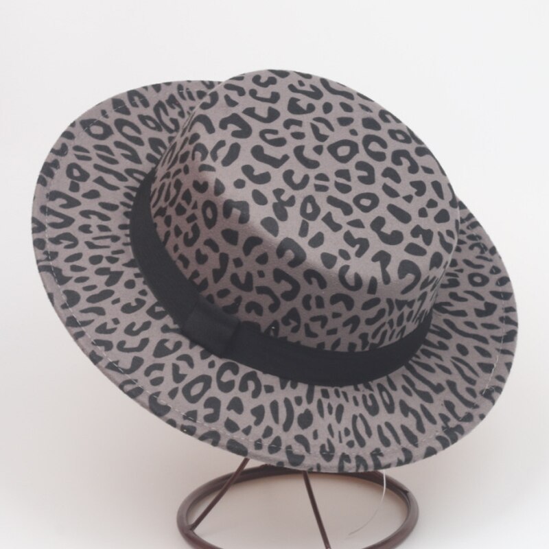 Kvinner menn leopardprint ullfilt båtlue avlet brem flat topp fedora hattemaker retro damer formell fest trilby lokk: Grå