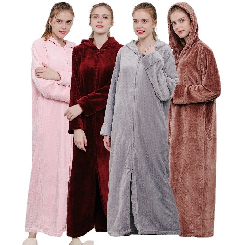 Albornoz de terciopelo con cremallera para mujer, ropa de dormir de otoño e invierno, gruesa, de franela, para el hogar
