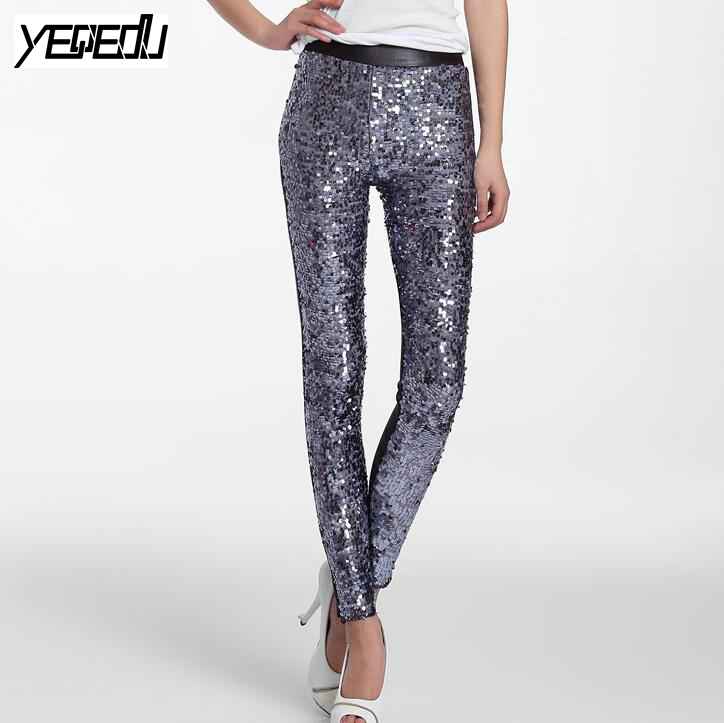 #0503 vår sommar punk pu paljetter leggings paljett byxor elastisk hög midja sexig klubb konstläder glänsande silver/guld/röd: Silver-