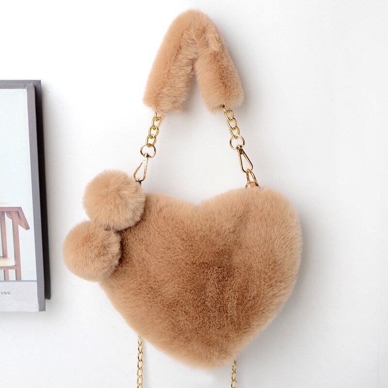Faux Fur Women Handbags Heart Shaped Shoulder Bag Female Clutch Purse Chain Messenger Bag Plush Shoulder Crossbody Bag: Khaki