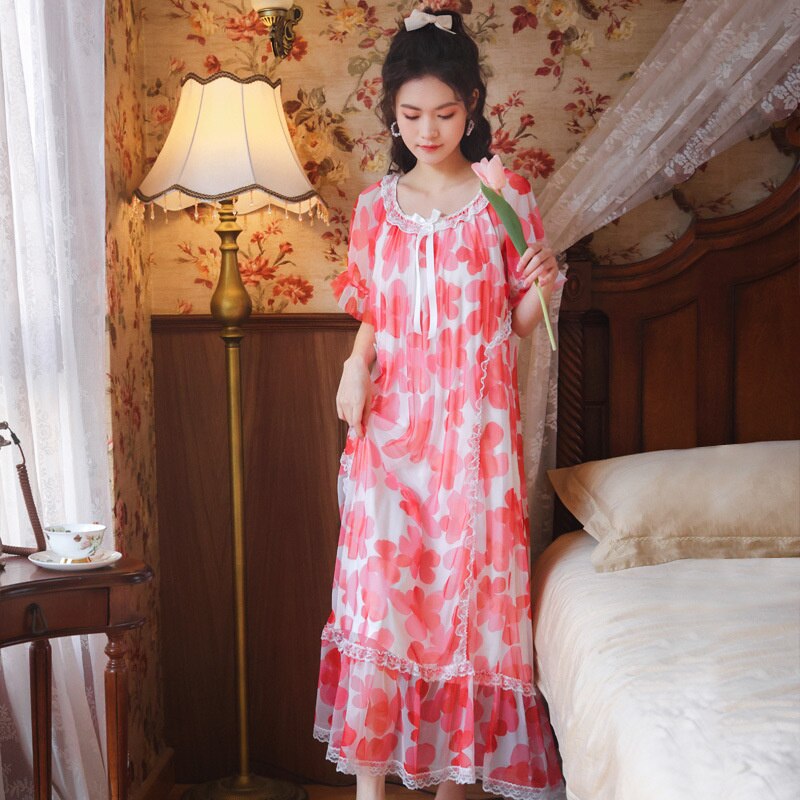 Short Sleeve Nightdress Women&#39;s Summer Palace Style Princess Mesh Lace Printing Long Outdoor Home Wear Pajamas Spring