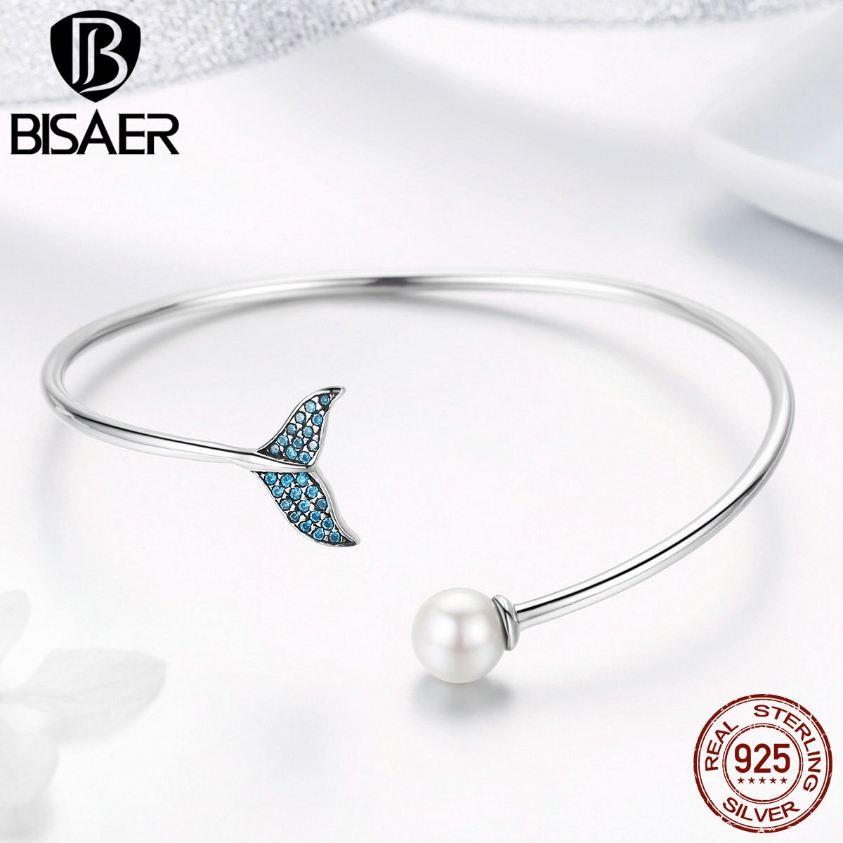 BISAER 925 Sterling Silver Blue CZ Mermaid Fishtail en Parel Armband voor Meisje Mode-sieraden Mode GXB123