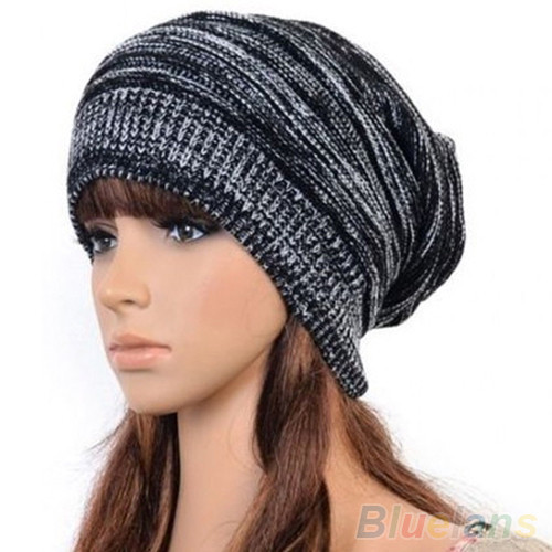 Unisex Womens Mens Knit Baggy Beanie Hat Winter Warm Oversized Ski Cap 1P8L: Black