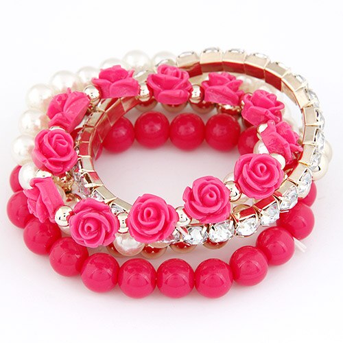 Lemoer bohemio a la de Color caramelo Perla Rosa flor multicapa abalorios pulsera elástica y brazalete para mujer: rose