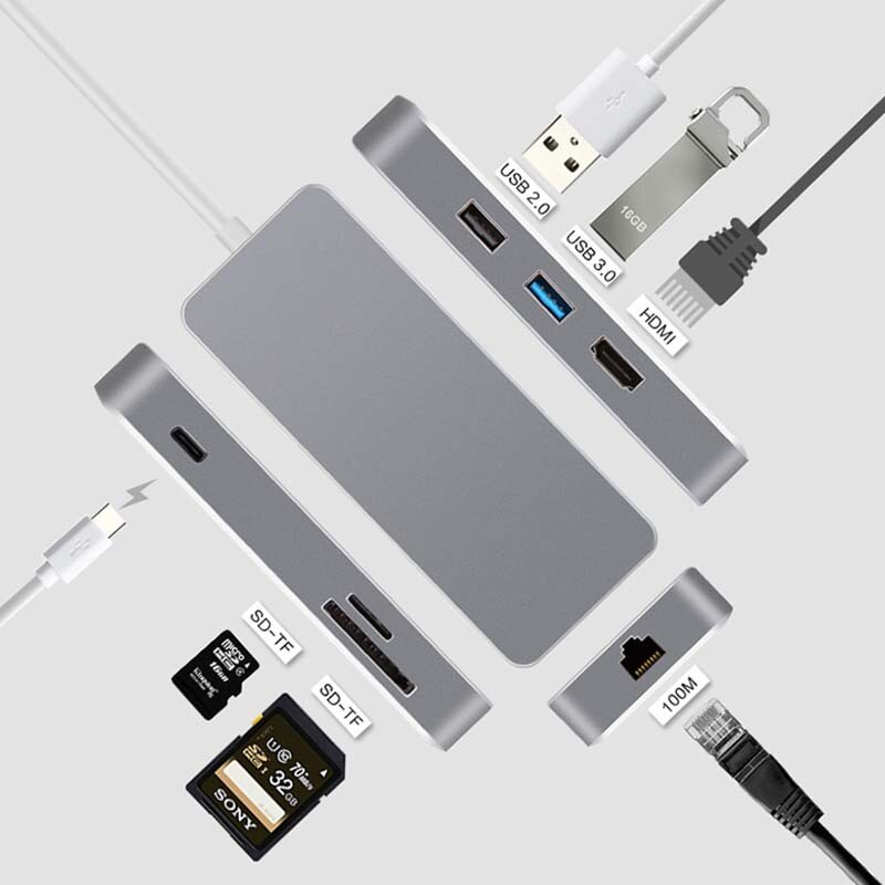 Thunderbolt 3 docka usb hub typ-c till hdmi ethernet  rj45 adapter multi usb 3.0 usb c ladda tf sd-kort för macbook pro usb c hub: 100m nätverkskort