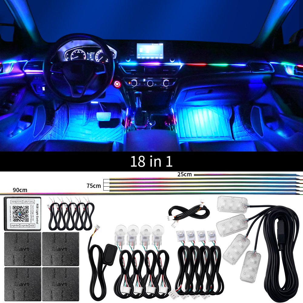 18 in 1 Dual Zone Symphony Streamer Car Ambient Light Interior LED Full Color RGB Neon Acrylic Strip Atmosphere Lighting Kit App: 8000K White Blue