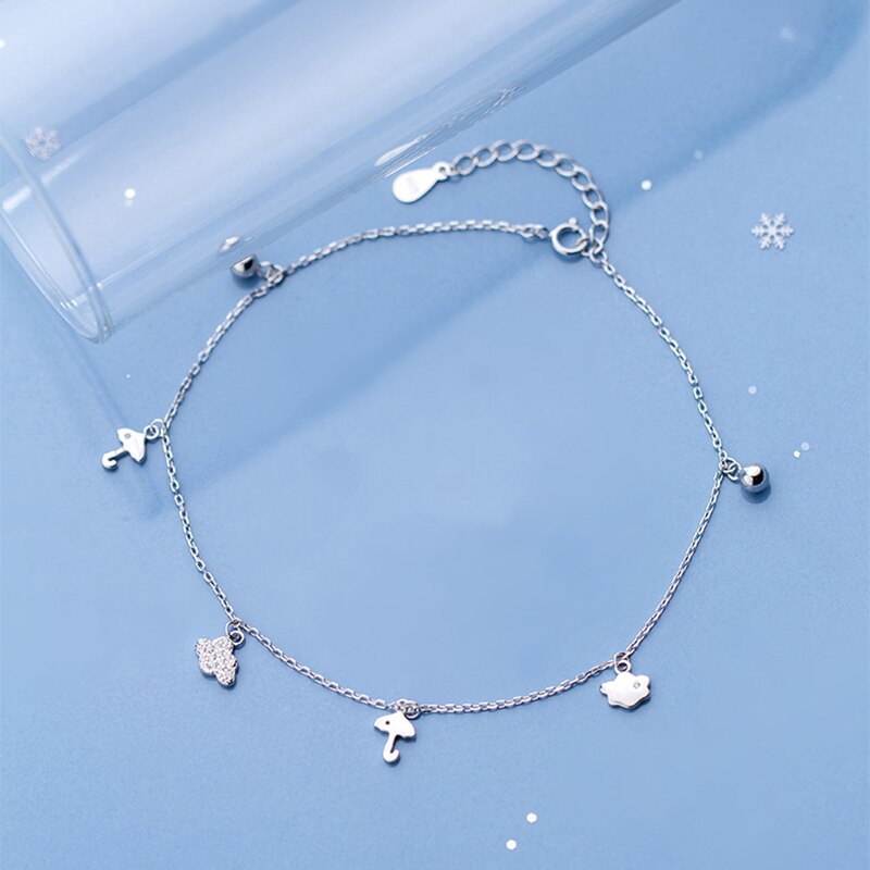 925 Sterling Silver Adjustable Chain Anklet with Small Cloud/Umbrella/Foot Charms Jewelry Female Anklets on Foot