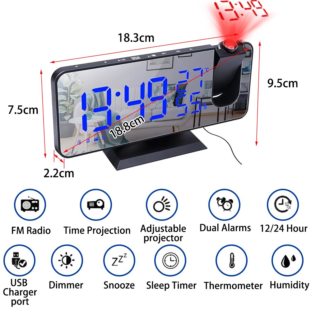 180° LED Projection Digital Alarm Clock for Bedroom Ceiling with USB Phone Charging Dimmer DST Snooze Function for Heavy Sleeper