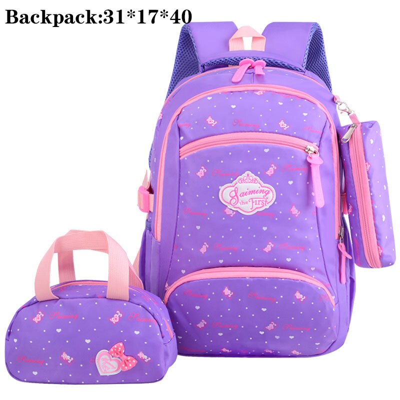 3 Set Waterdichte Schooltas Mode School Rugzak Canvas Schoudertassen Afdrukken Meisjes Schooltassen Mochilas Kinderen Kids Bag: 8876 purple