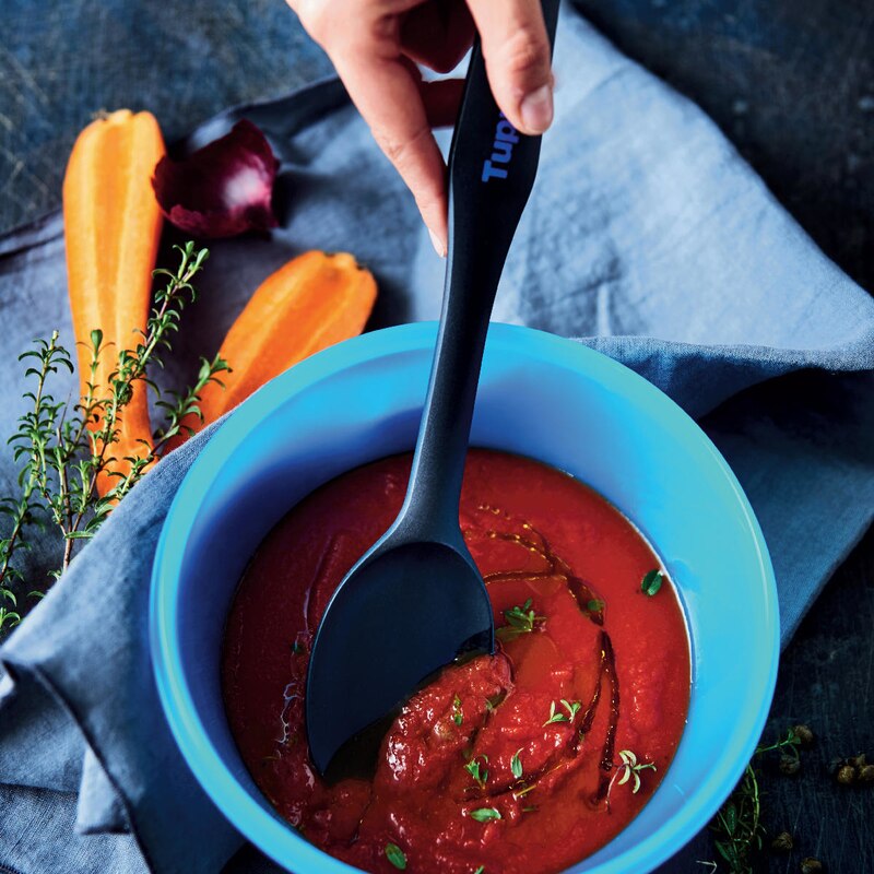 Tupperware-cuchara multiusos para cocinar, cuchara de mezcla negra y azul, cuchara de cocina superior, cuchara de cocina lista para retención