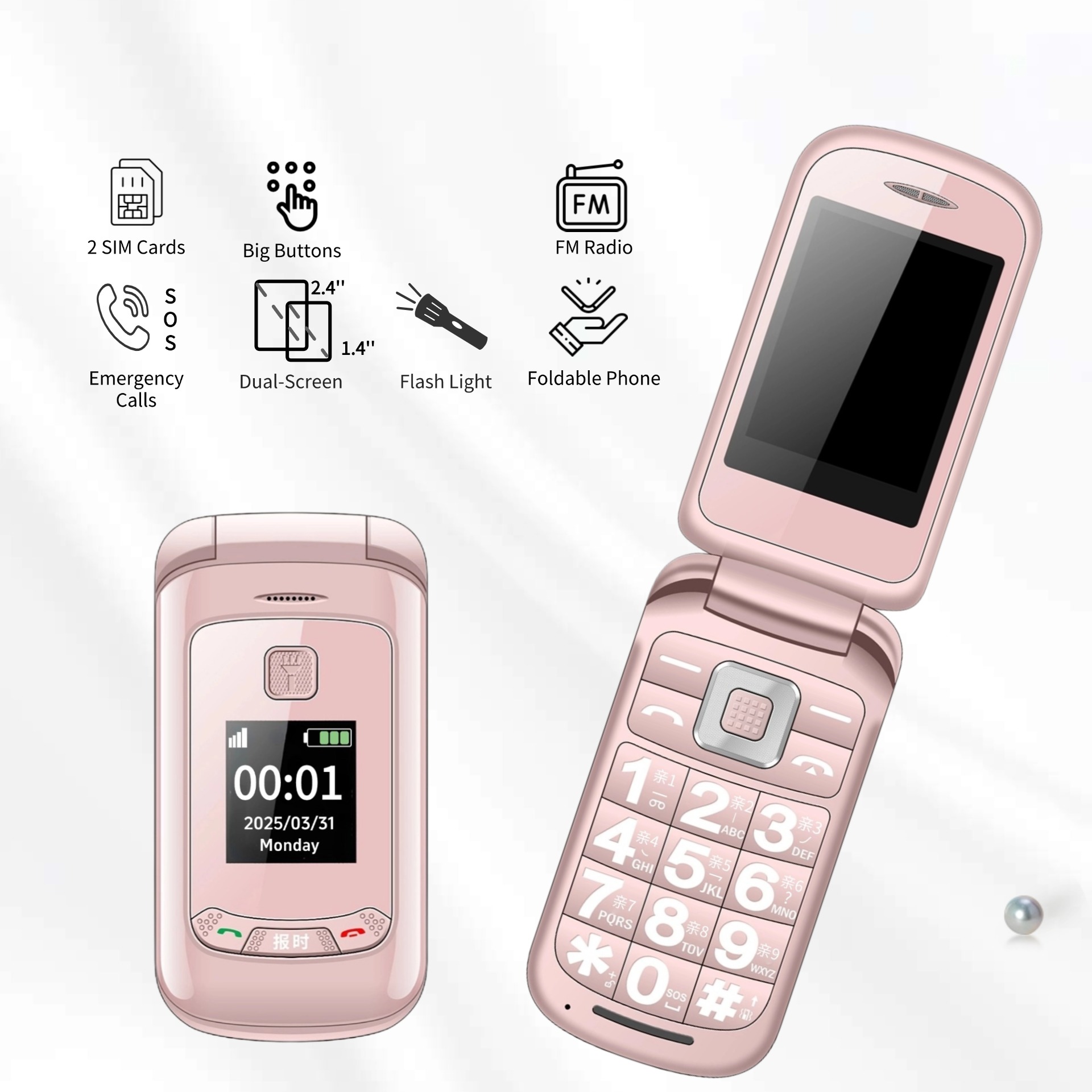 Rosa Mini-Flip-Telefon für Frauen, Dual-Screen, große Taste, SOS-Zifferblatt, Taschenlampe, Licht, Budget, Clamshell, mobiler Retro-Stil, langer Standby-Zeit