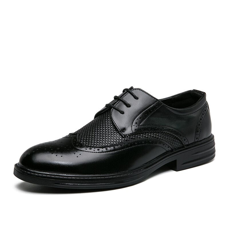 FIXSYS Leather Man Brogue Shoes Pointed Toe Oxford Shoes Classic Business Office Formal Shoes Stylish Mens Lace Up Wedding Shoes: Black / 10