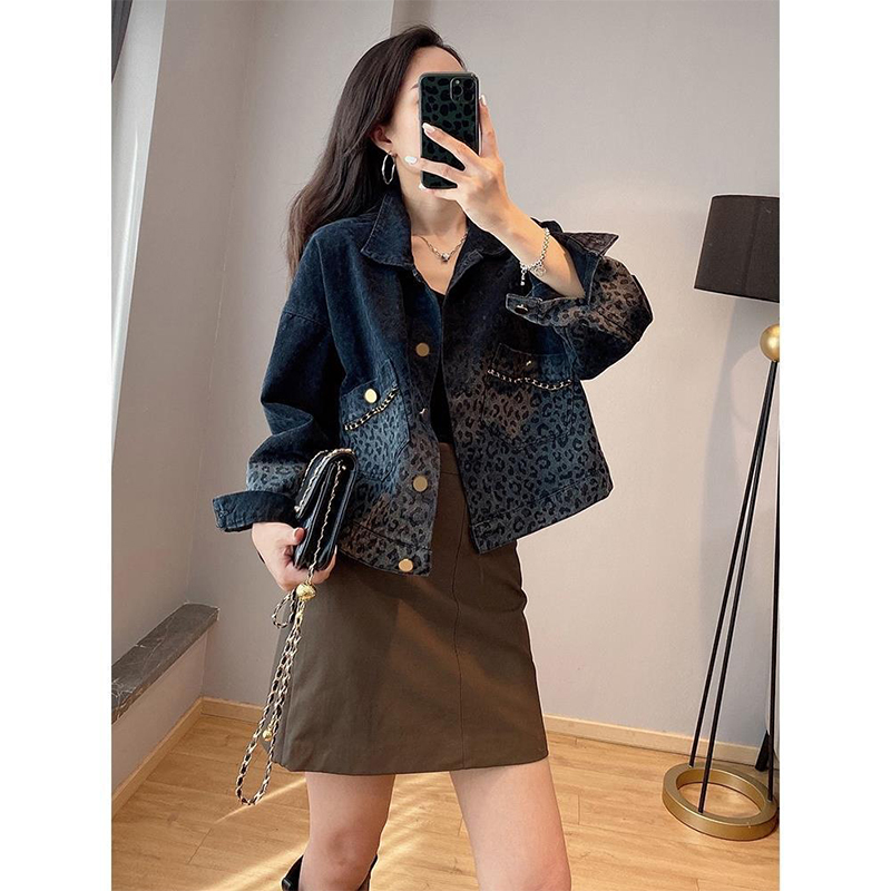 Autunno inverno Streetwear Vintage Leopard Print Denim Coat Ladies Harajuku Y2K Casual Fashion All-match Jacket donna Outwear Top