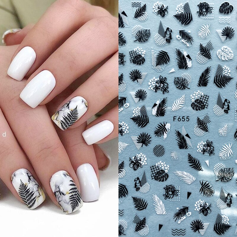 4 stk sommer nail art klistermærker blade bogstav geometrisk 3d selvklæbende skyder negle dekoration guld sort hvid manicure folie sæt