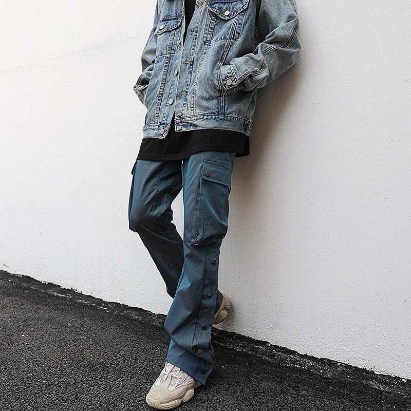 Pantalones acampanados reflectantes de colores para hombre, ropa de calle, pantalones Cargo de , con múltiples bolsillos, botones laterales, extraíbles