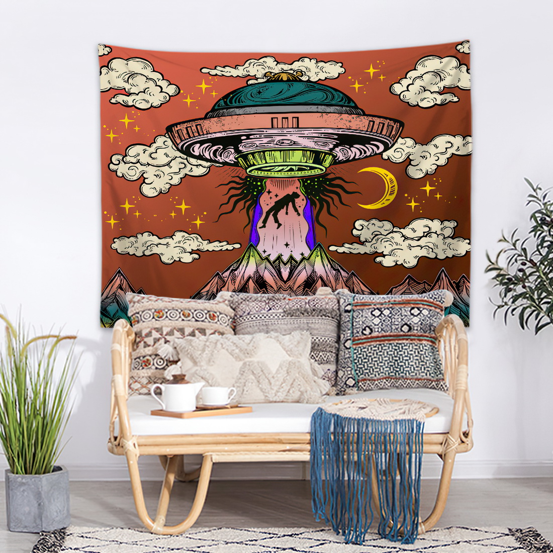 UFO Tapestry Wall Hanging Psychedelic Alien Hippie Decor Tapestries for Home Dorm Fantasy Decor