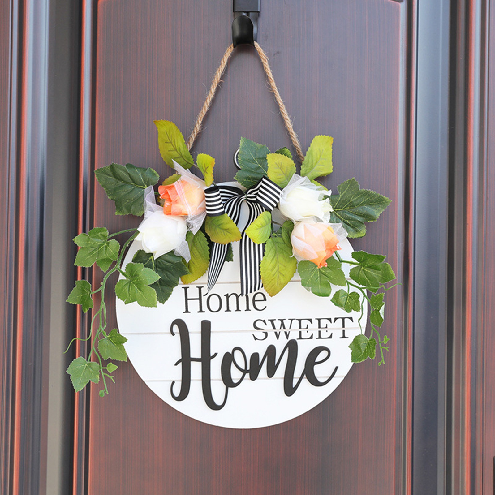 Signe de bienvenue pour porte de printemps en bois, Mini couronne de fleurs d'hortensia rose, décoration de maison, couronnes d'automne