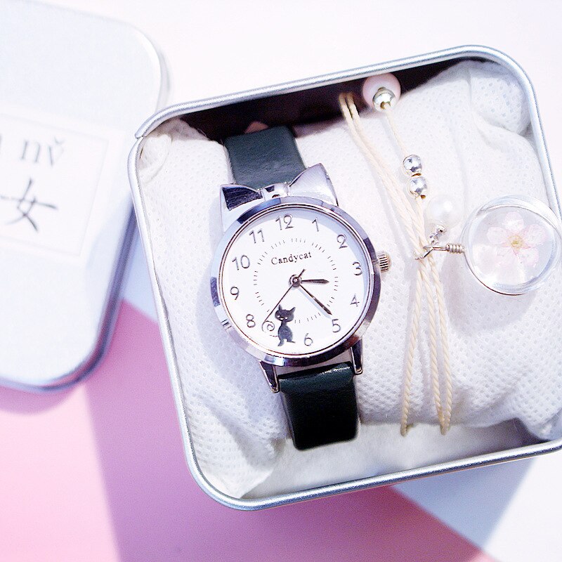 freundlicher Uhren Studenten freundlicher Rosa Uhr Mädchen Art Stunden Schwarz Katze Quarz Armbanduhr Mädchen Uhren freundlicher uhren: Schwarz Nein Kasten