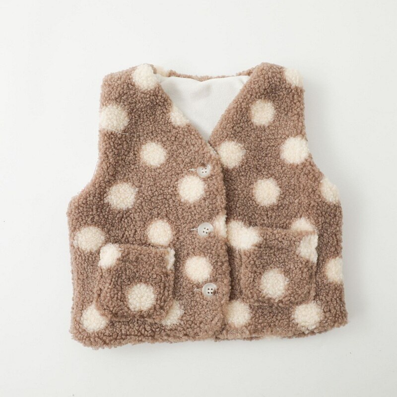 Winter Meisjes Jongens Vest Bruin Abrikoos V-hals Dot Enkele Breasted Knop Pocket Wol Fleece Vesten Kids Jas E5005