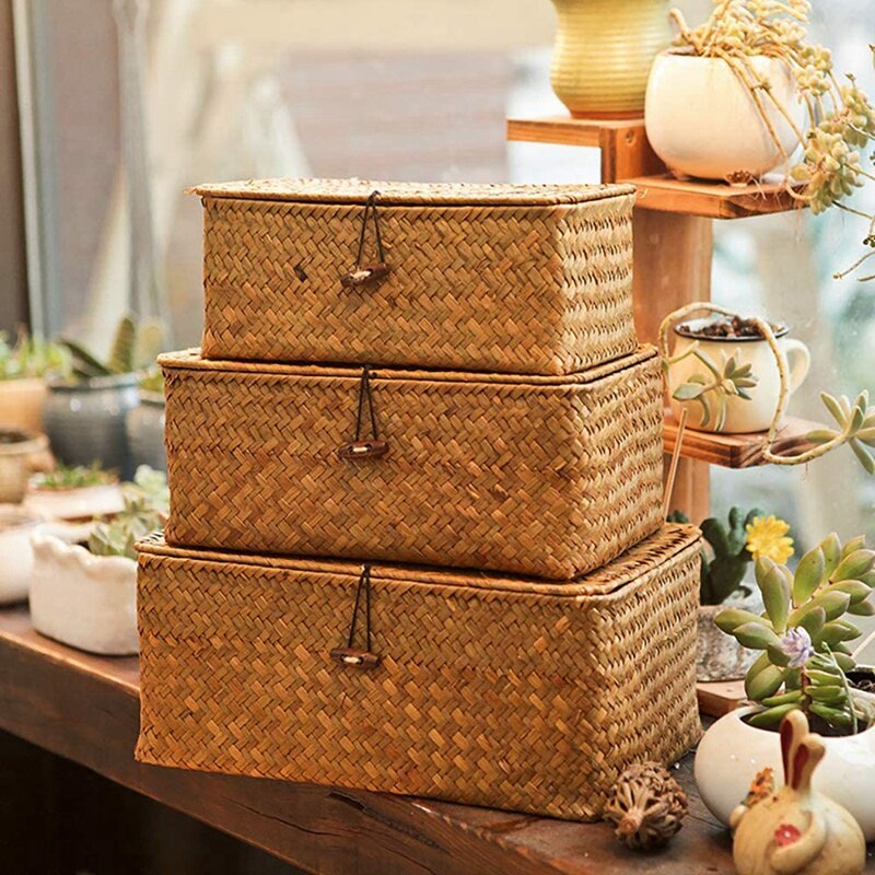 Woven Wicker Storage Bins with Lid - Set of 3 - Rectangular Seagrass Basket/Storage Basket For Shelf Organizer
