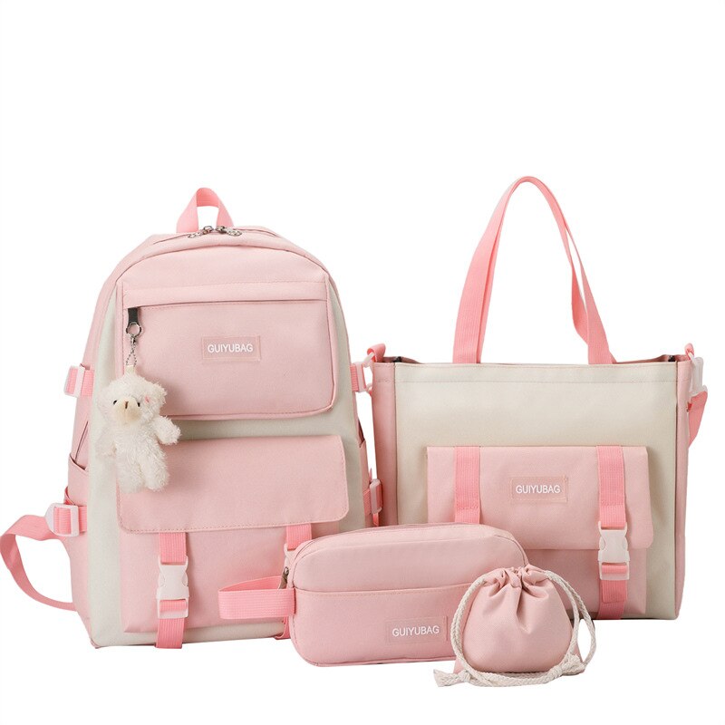 Fengdong 5 Stks/set Student Schooltas Zwart Wit Mode School Rugzak Voor Tienermeisjes Handtas Schoudertas Potlood Tas Set: Pink