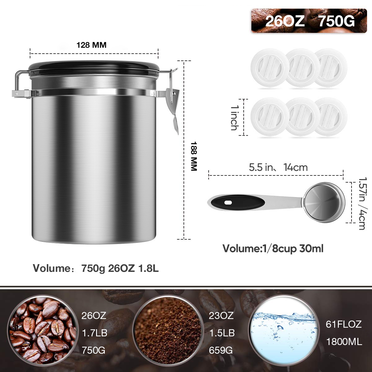 Coffee Storage Container Airtight Stainless Steel Vault Coffee Bean Canister with CO2 Valve to Keep Beans Fresh Grains Candy Jar: Sliver Spoon 1.8L