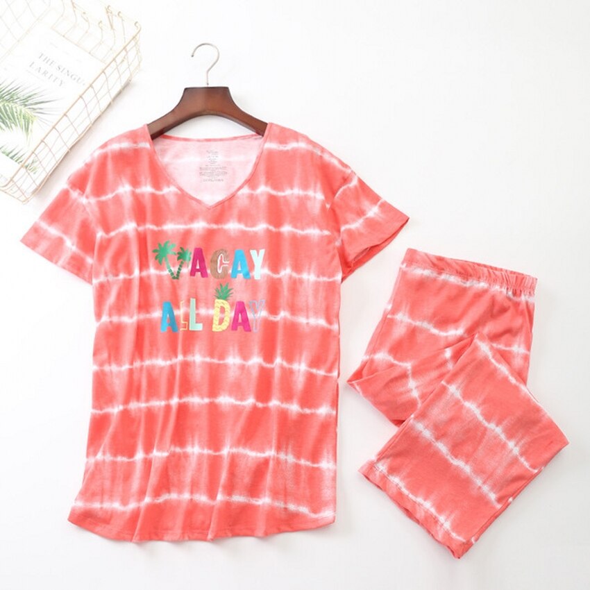 Sommer kvinder pyjamas bomuld sød stribet bogstav pyjamas sæt top + capris elastisk talje plus størrelse 3xl lounge pyjamas  s95609