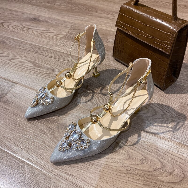 Szpilki DLEK cekinowe Rhinestone eleganckie pumpy damskie szpiczaste Toe letnie markowe buty na obcasie: Srebrny / 36