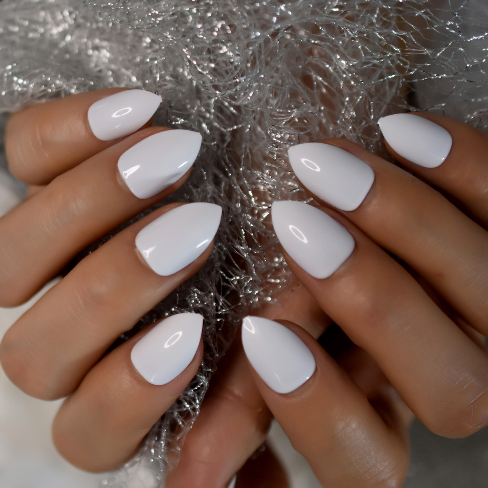 White Color Choose Able Sharp Stiletto Acrylic Fingernails Art Full Cover Nails With Tabs Short Version: L6274