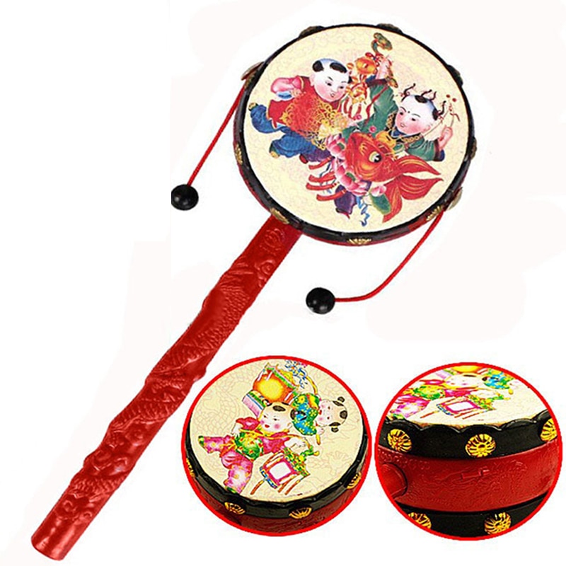 Rode Chinese Traditionele Spin Speelgoed Rammelaar Drum Kids Cartoon Hand Bell Plastic Voor Baby