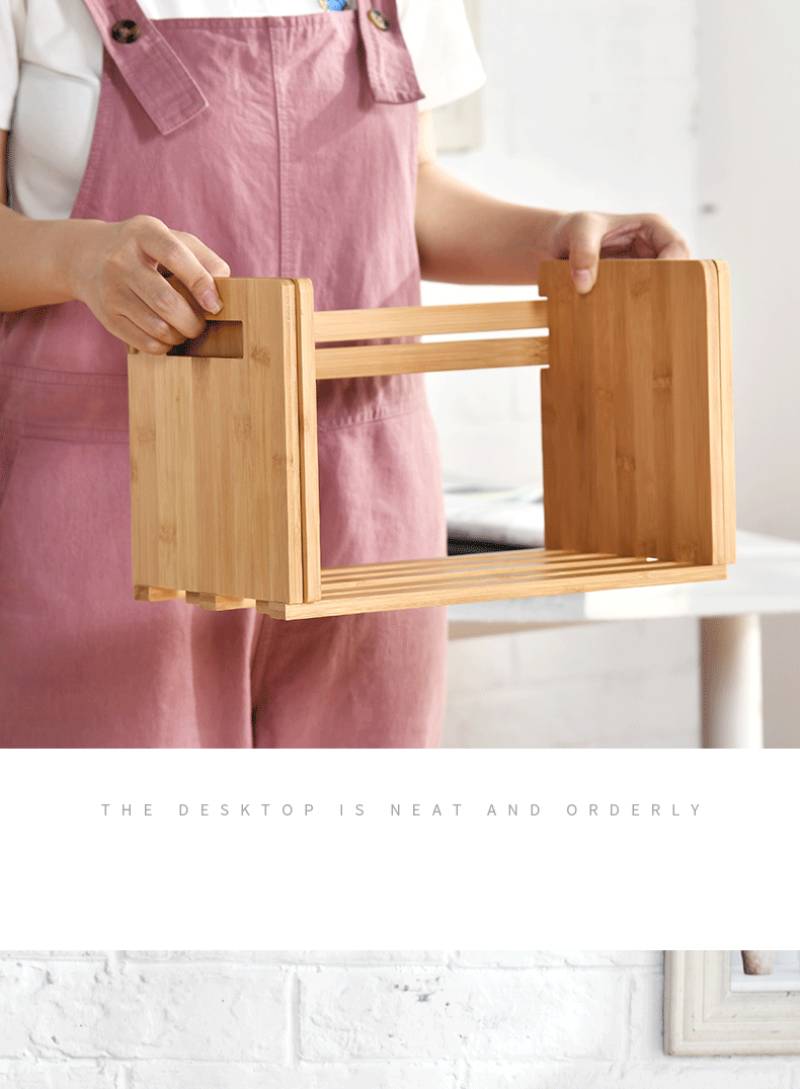Expandable Desktop Bookshelf,Bamboo Desktop Bookcase,Mini Adjustable Tabletop Bookshelf Organizer for Office Home School