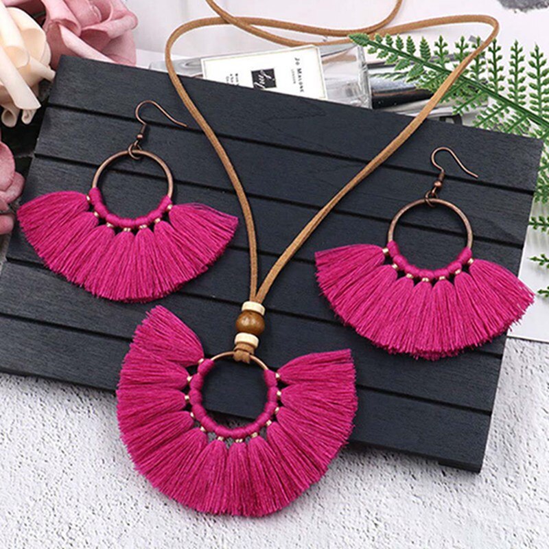 conjunto de joyería de borlas coloridas tejido hecho a mano COLLAR COLGANTE de suéter de cadena larga rojo multicolor amarillo para mujer conjuntos: PRD