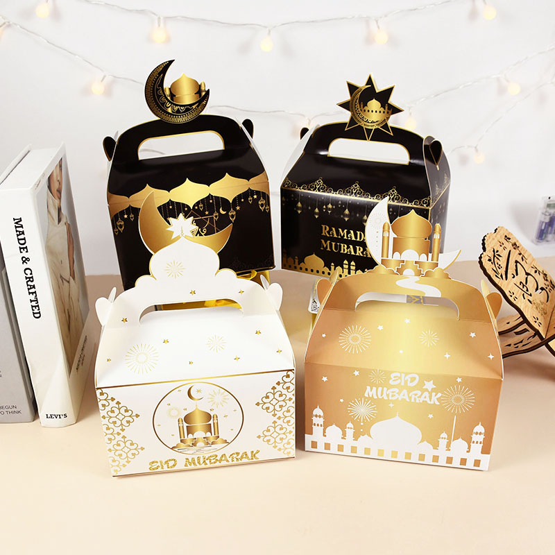 Sac à bonbons Eid Mubarak 4 pièces, boîte avec poignée, boîtes d&#39;emballage en papier pour Eid al-fitr, fournitures pour fête musulmane islamique