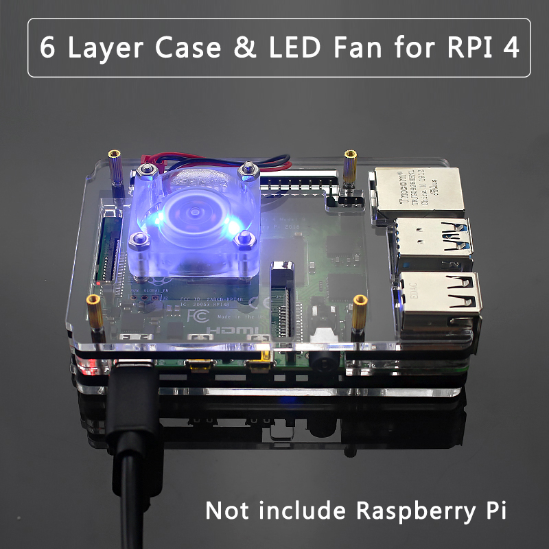 6 Layer Acrylic Case for Raspberry Pi 4 Transparent Shell Housing support Blue LED Cooling Fan Cooler for Raspberry Pi 4 Model B