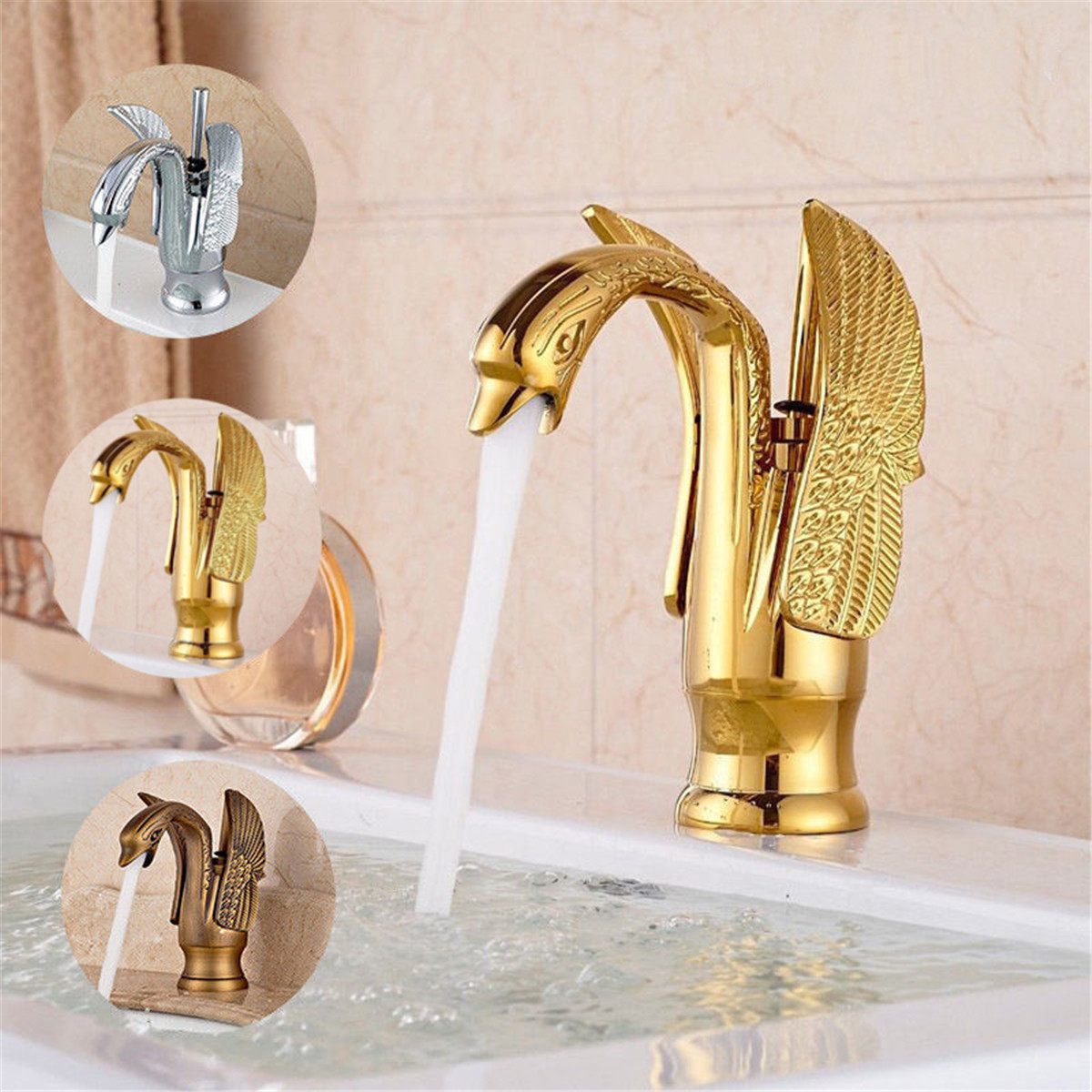 Gold Brass Swan Basin Faucet Arch Brass and Cold Taps Gold Plated Single Hole Tap Luxury Wash Mixer Taps