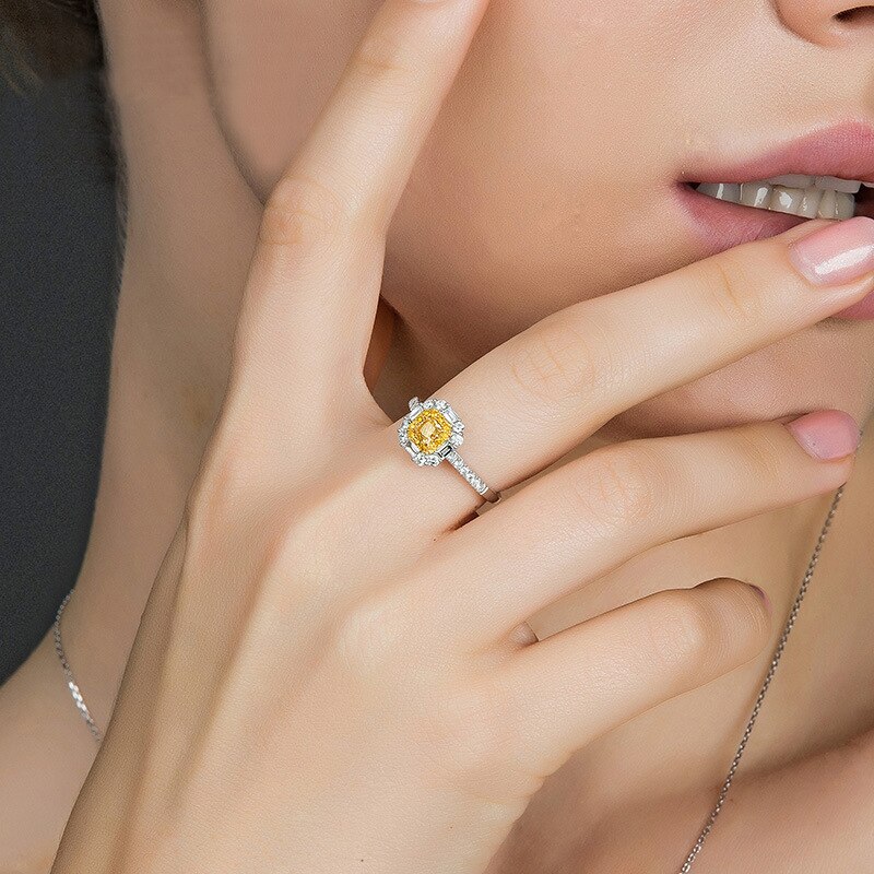 Luxury 4*4mm Yellow Square Zircon Princess rings for women Sparkling CZ Wedding Engagement party jewelry Valentine's Day