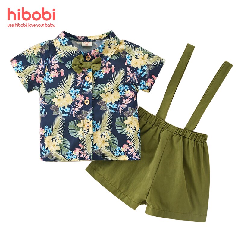 Hibobi Kindje Clotes Set Jongen Bloemenprint Korte Mouwen En Bib Shorts Gentleman Kleding Outfit Pak Set Baby vlinderdas