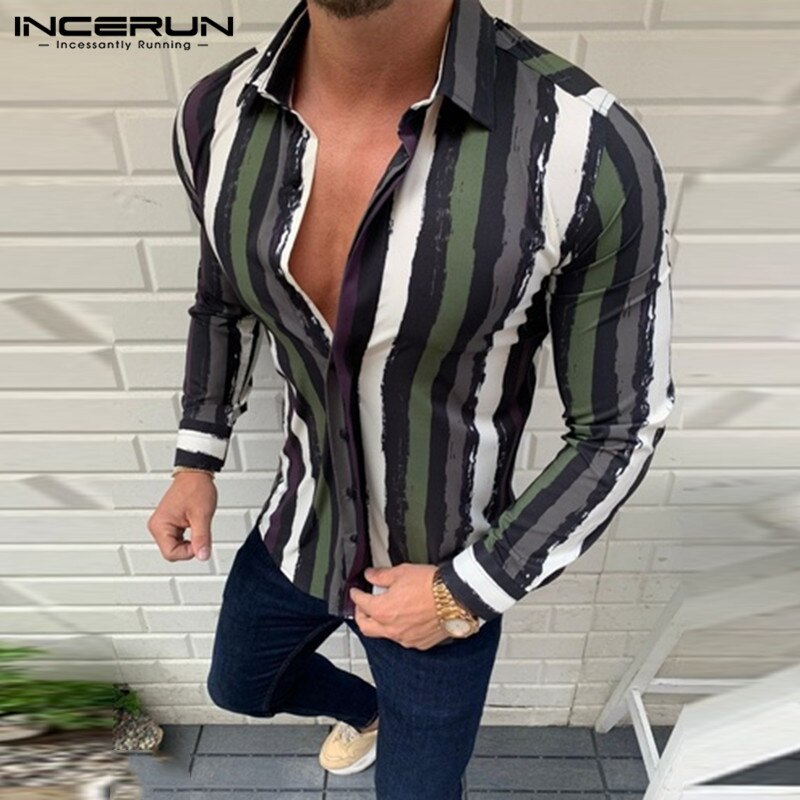 Incerun Herfst Gestreepte Shirts Heren Lange Mouwen Revers Camisa Causale Kleurrijke Knoppen Chemise Gezellige Streak Blouse Streetwear S-3XL