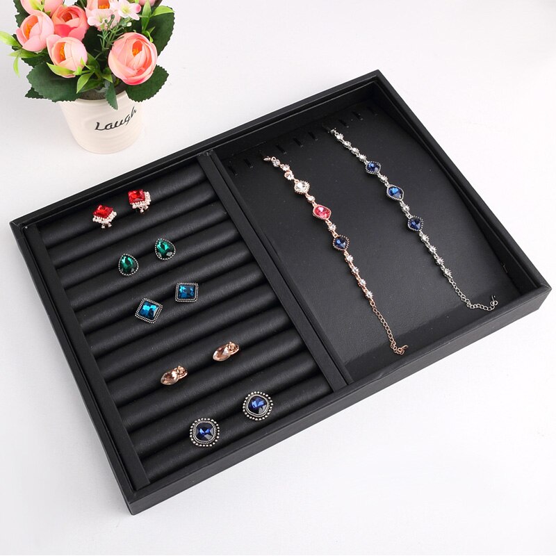 Luxe Zwart Pu Lederen Sieraden Pallet Ketting Lade Voor Show Ringen Armband Tentoonstelling Sieraden Organisator Vitrines: necklaces rings tray