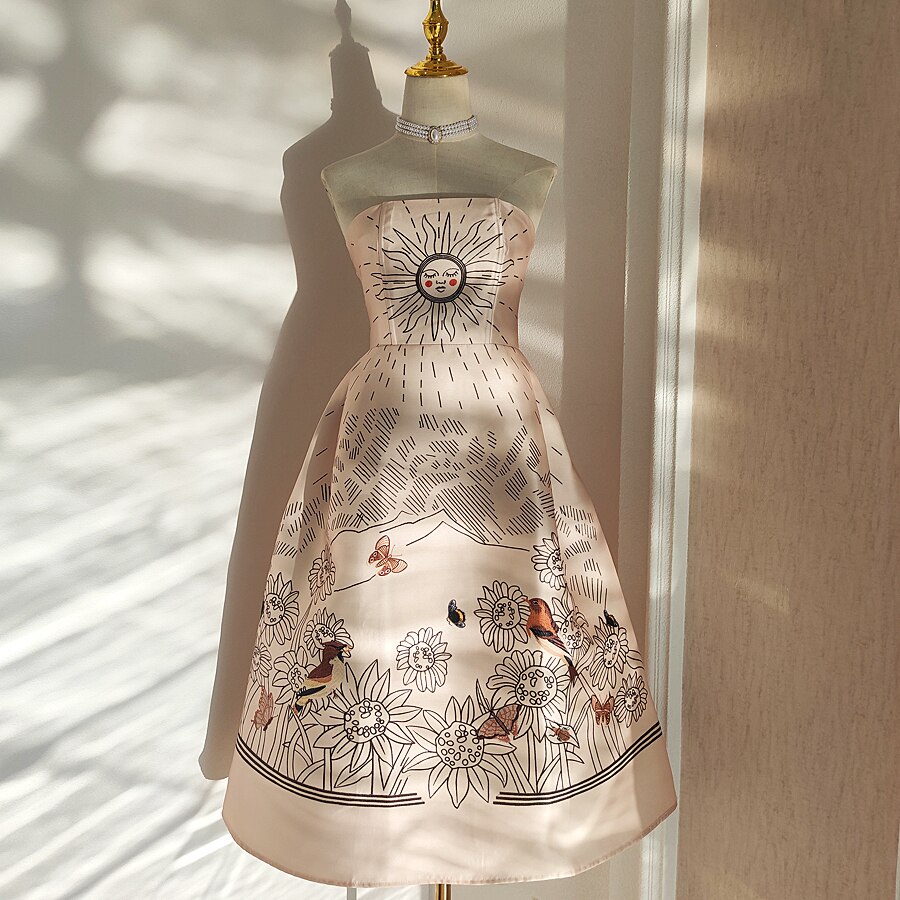 Vietnamese Brand 2022 Summer Party Sun Flower Printed Dress Woman Fishbone Waist Closing Strapless A-Line Dresses: L