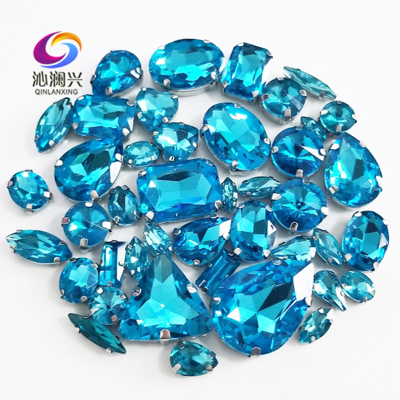 Factory sales 68 stks/zak Meer blauw mix size top glas kristal naaien op stenen, mix vorm strass voor diy/Kleding accessorie
