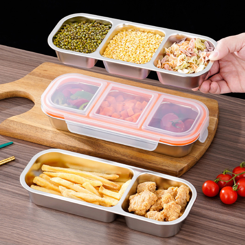 Snackbeholdere i rustfritt stål, gjenbrukbare krydderbokser med lokk, 3- roms sauskopper, delte matoppbevaringsbeholdere