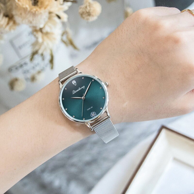Women Green Dial Bracelet Quartz Clock Metal Silver Belt Dress Watches For Ladies Women