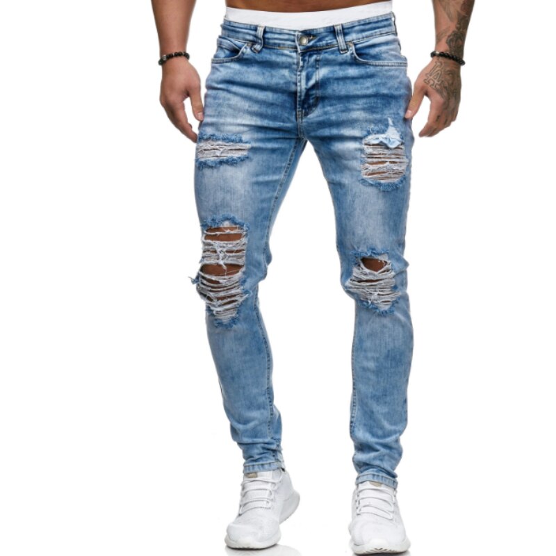 Men Ripped Skinny Jeans Hole Pencil Denim Pants Moto Biker Party Casual Cowboy Trousers Street Men Clothing