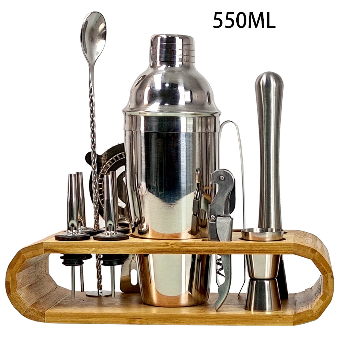 Mixer Drink Bartender Browser Kit Bars Set Tools Stainless Steel Cocktail Shaker with Wooden Rack Stand Home Party Accessories: 550ML Set