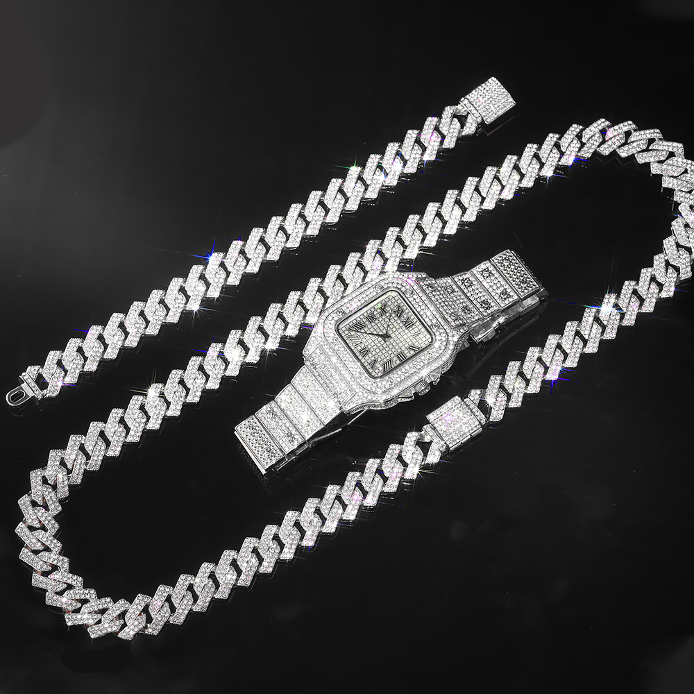 Goudkleurige Cubaanse kettinghorloge voor mannen, hiphop Miami Curb, Iced Out verharde strasssteentjes, bling rapper ketting, horloge + armband sieraden: 70 cm / Donker Goud