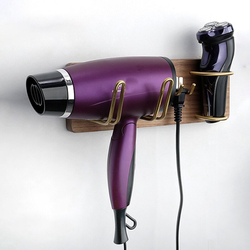 Solid Wood Hair Dryer Holder Wall Mounted Multi-Function Bathroom Rack Shaver Holder Toothbrush Holder Plug Rack