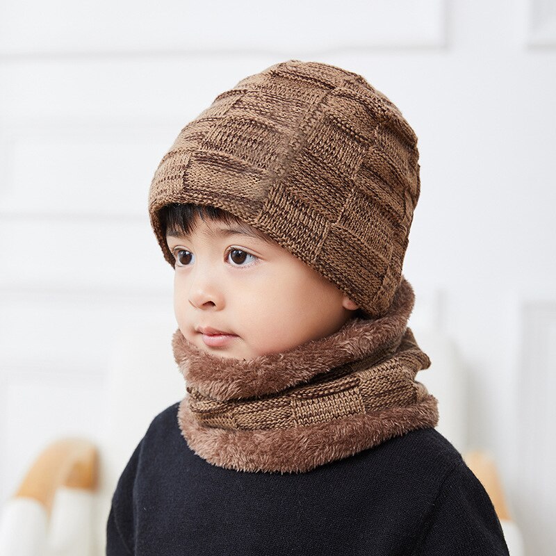 Vinter beanie cap tørklæde sæt varme strik hatte kraniet cap med tyk fleece foret vinter hat & tørklæde til børn børn: Børn -5