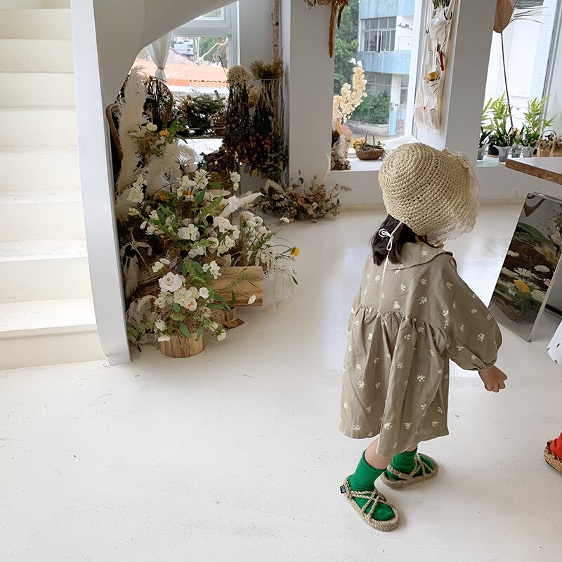 Spring Girls Floral Dress Kids Long Sleeve Cotton Dresses Girl Dress: Green / 5